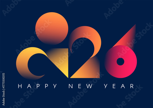 Happy New 2026 Year minimal text design with colorful gradient light isolated on blue. Banner, poster, header and card template.