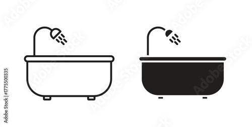 Bathroom icon in line design and solid black and white colors for designs