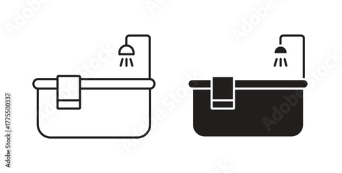 Bathroom icon in line design and solid black and white colors for designs