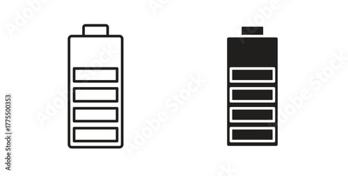 Battery icon in line design and solid black and white colors for designs