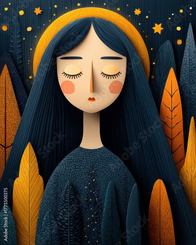 Mystical illustration of a woman with long hair and a halo in a serene setting