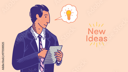 A businessman in a suit with creative idea. Creative thinking concept for your bank, finance company. New ideas in your niche. outline hand drawn style
