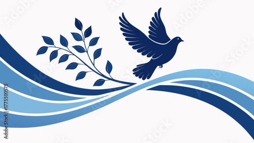 Elegant dove carrying olive branch, symbol of peace and hope, in flight against a dynamic wave background