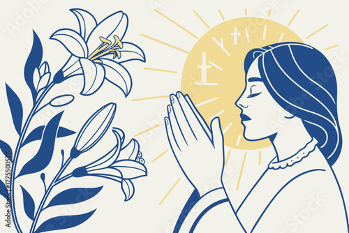 Praying woman with flower and halo on a light background 
