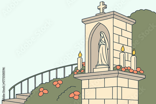 Religious shrine with a statue of a saint, candles and a cross.