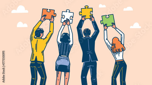 A business team solving a problems by doing the jigsaw puzzle pieces. Finance, team building concept. four people standing with elements of whole idea. outline hand drawn style