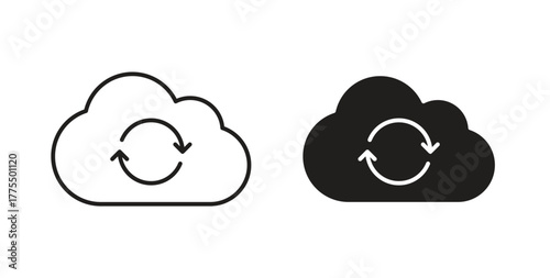 Cloud sync icon in line design and solid black and white colors for designs
