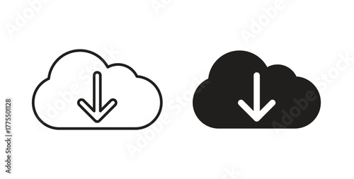 Cloud upload icon in line design and solid black and white colors for designs