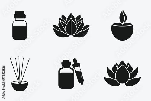 Holistic wellness icons essential oils lotus flowers aroma diffuser and candle for serenity