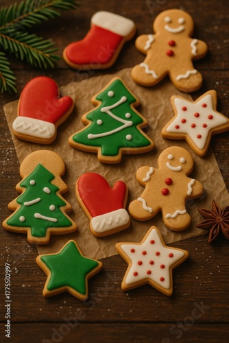 Colorful Christmas Sugar Cookies on Wooden Table