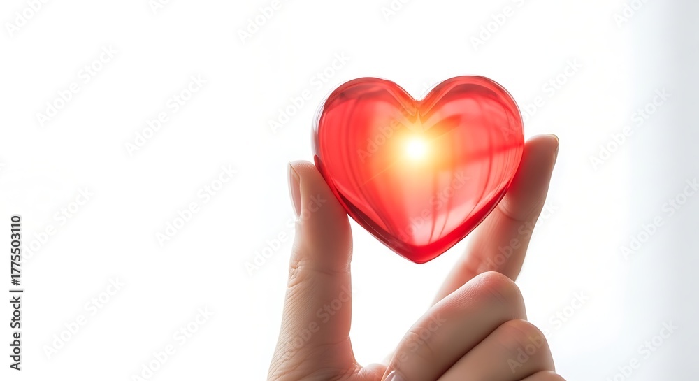 Fototapeta premium Hand Holding Red Heart with Bright Light Reflection in Bright White Background