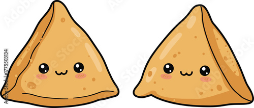 Cute samosa cartoon, smiling food character, Indian snack illustration, kawaii samosa art, fried pastry, adorable triangle, kids menu design