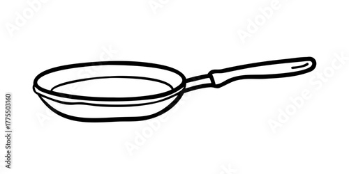 Frying pan in one line art style. Drawing of a kitchen skillet with a handle with editable black stroke on a white background. Vector illustration.