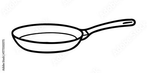 Frying pan in one line art style. Drawing of a kitchen skillet with a handle with editable black stroke on a white background. Vector illustration.