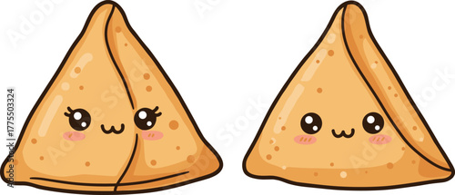 Cute samosa cartoon, kawaii food illustration, happy snack characters, Indian street food, adorable triangle pastry, kids menu, vector art