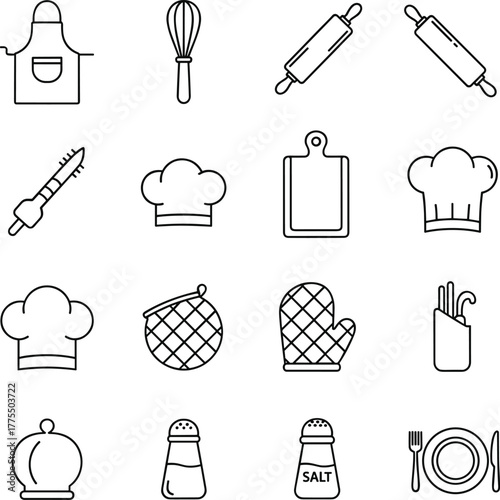 Kitchen and Baking Utensils Line Icons Set - Chef Hat, Apron, Rolling Pin, and Cooking Tools Vector