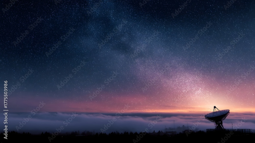 Naklejka premium A satellite dish silhouetted against a starry night sky and the Milky Way above a layer of mist at twilight