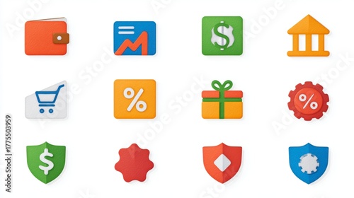 Flat Minimalist Finance App Icons Wallet Credit Card Money Bank Shopping Cart Percent Gift Gear Shield