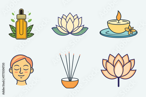 Serene spa and wellness icons essential oils lotus flowers aromatherapy and relaxation