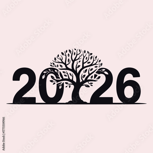 Black tree of life integrated with numbers 2026 on a light pink background new year growth