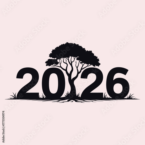 Silhouette of a tree growing between the numbers 20 and 26 on a pale pink background 2026 year