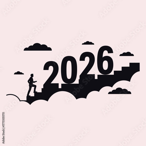 Silhouette of a man climbing stairs towards the year 2026 surrounded by clouds new year future