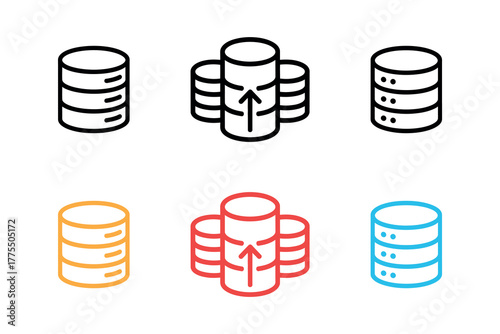 Comprehensive database server icon set featuring black and colorful outlines for various digital data operations and services