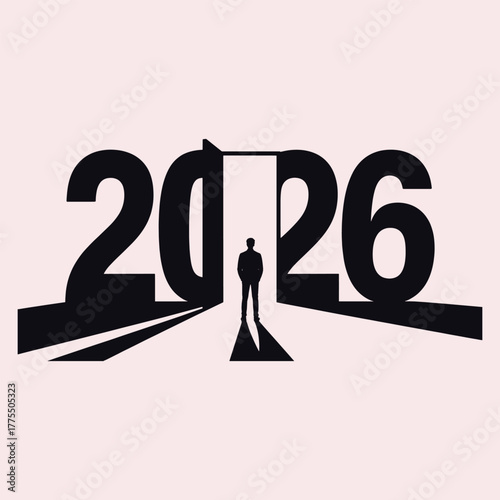 Silhouette of man standing at doorway of 2026 numbers casting long shadow new year future