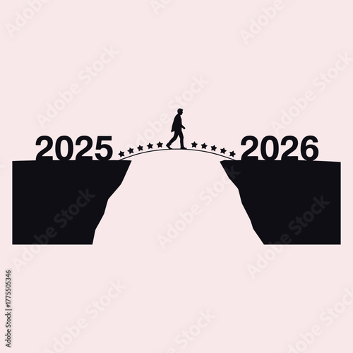Silhouette of person crossing bridge from 2025 to 2026 with stars year new year
