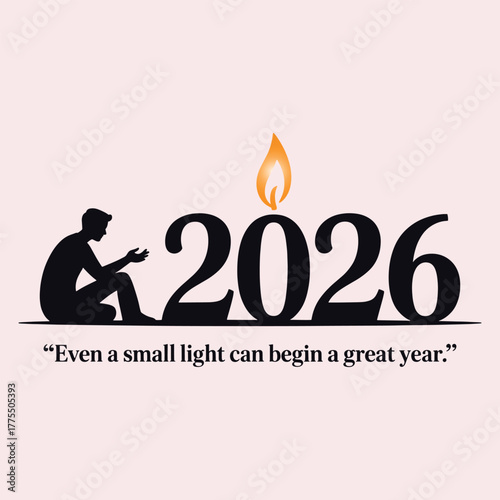 Silhouette of a person looking at the year 2026 with a candle flame on the zero new year future