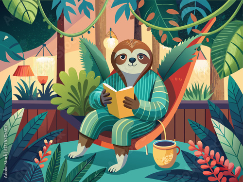 A relaxed sloth in pajamas reads a book while sipping tea on a hammock, surrounded by tropical plants, radiating peace, coziness, and slow living vibes, detailed vector art