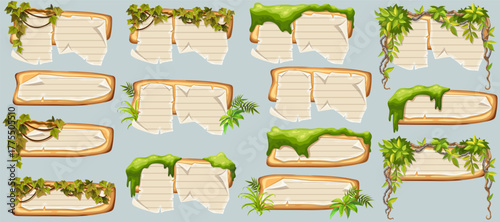 Wooden signboards with old paper, stems ivy, liana, grapes, vine, swamp moss, forest lichen. Set isolated  elements with blank, with school page in line, ragged graph paper. 