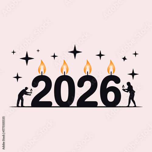 Two silhouettes lighting candles forming the year 2026 with stars new year celebration