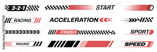 Racing Cars and Stripes Vector Set,  Includes checkered patterns, flags, start and finish lines, motocross labels, and dynamic speed decals for motorsport and tuning designs.