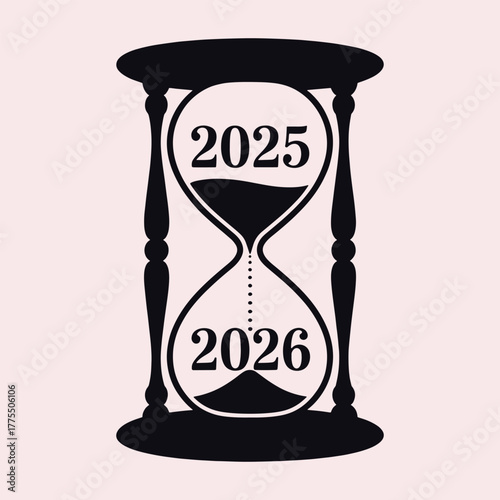 Black hourglass with 2025 and 2026 numbers on pale pink background time new year