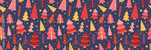 Colourful Christmas seamless pattern with cartoon trees and snowflakes. Wallpaper design. Vector illustration