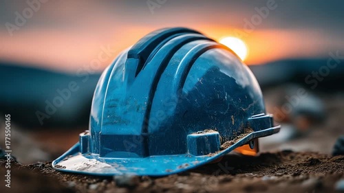 A worn blue construction helmet sits in dirt at sunset with a bright sun and faded colors