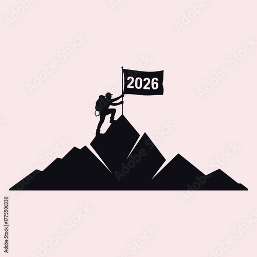 Silhouette of a hiker planting a flag with the year 2026 on a mountain peak vector