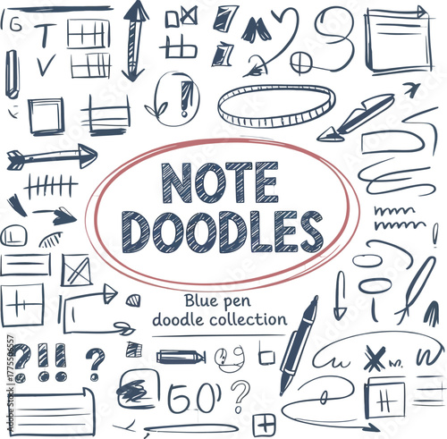 Note Doodles Collection: A compilation of hand-drawn scribbles, featuring arrows, boxes, symbols, and various graphical elements for visual communication and creative design. 