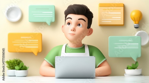 Webtoon Style Illustration Of A Young Man Thinking At His Laptop Surrounded By Chat Bubbles