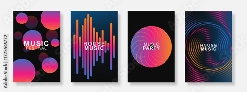 Minimalist music party poster background set. Sound cover template with geometric gradient design. Suitable for festival, club, social media, banner. Vector