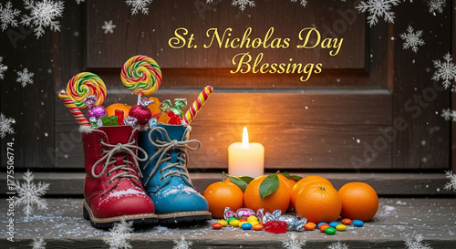 St. Nicholas Day Boots with Candy, Oranges, and Snowflakes