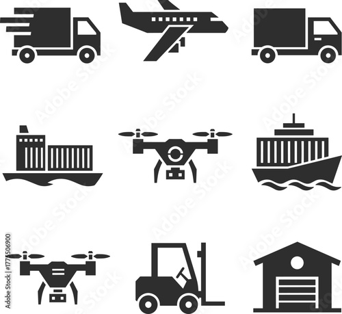 Modern Global Logistics and Delivery Silhouette Icons - Truck, Airplane, Drone, Ship, and Warehouse Vector Set