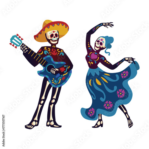 Day of the dead, Dia de los muertos characters dancing Catrina or mariachi musician skeletons and sugar skulls decorated with Mexican elements. Halloween holiday party, Cartoon vector illustration