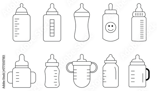 Collation of baby bottles black and white vector icons. Baby feeding bottle set. Outline vector design of baby bottle icon. Vector illustration.