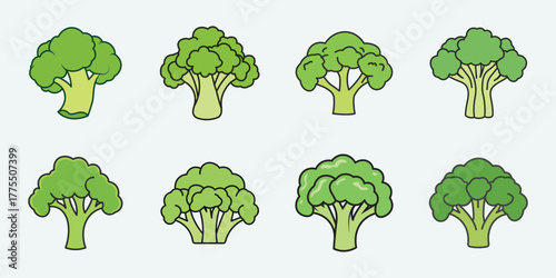Fresh green broccoli florets collection a vibrant assortment of healthy vegetable icons