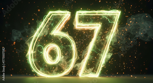 Cuadro en lienzo Dynamic glowing neon number 67 surrounded by ethereal smoke and sparkling embers creates a vibrant, energetic, and modern visual impact for celebrations or branding