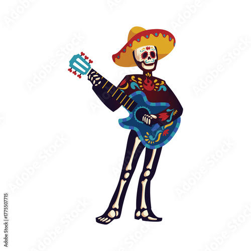 Day of the dead, Dia de los muertos characters dancing Catrina or mariachi musician skeletons and sugar skulls decorated with Mexican elements. Halloween holiday party, Cartoon vector illustration