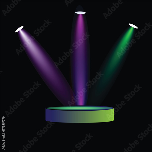 Spotlights on a colorful stage podium.Spotlight set realistic on  with reflection on  focusing podium. Light sources on dark background, realistic soft concert light on abstract stage.