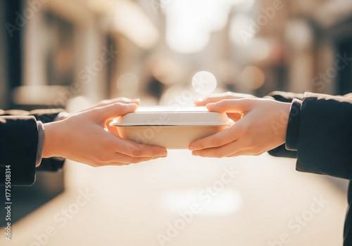 Volunteer hands giving food container close up charity support community care